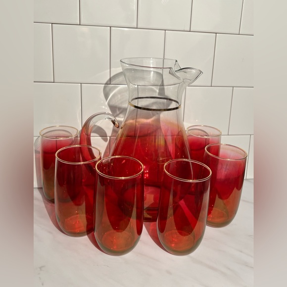 Blendo Other - Vintage Rose Glow Blendo Glass Pitcher &6 glasses 40 th Anniversary logo